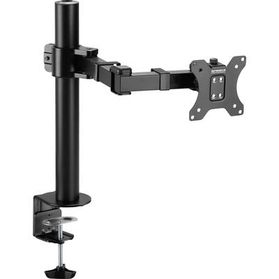 Ein schwarzer Monitorhalter mit verstellbarem Arm, Tischklemme und VESA-Halterung zur Befestigung von Monitoren an einem Schreibtisch.