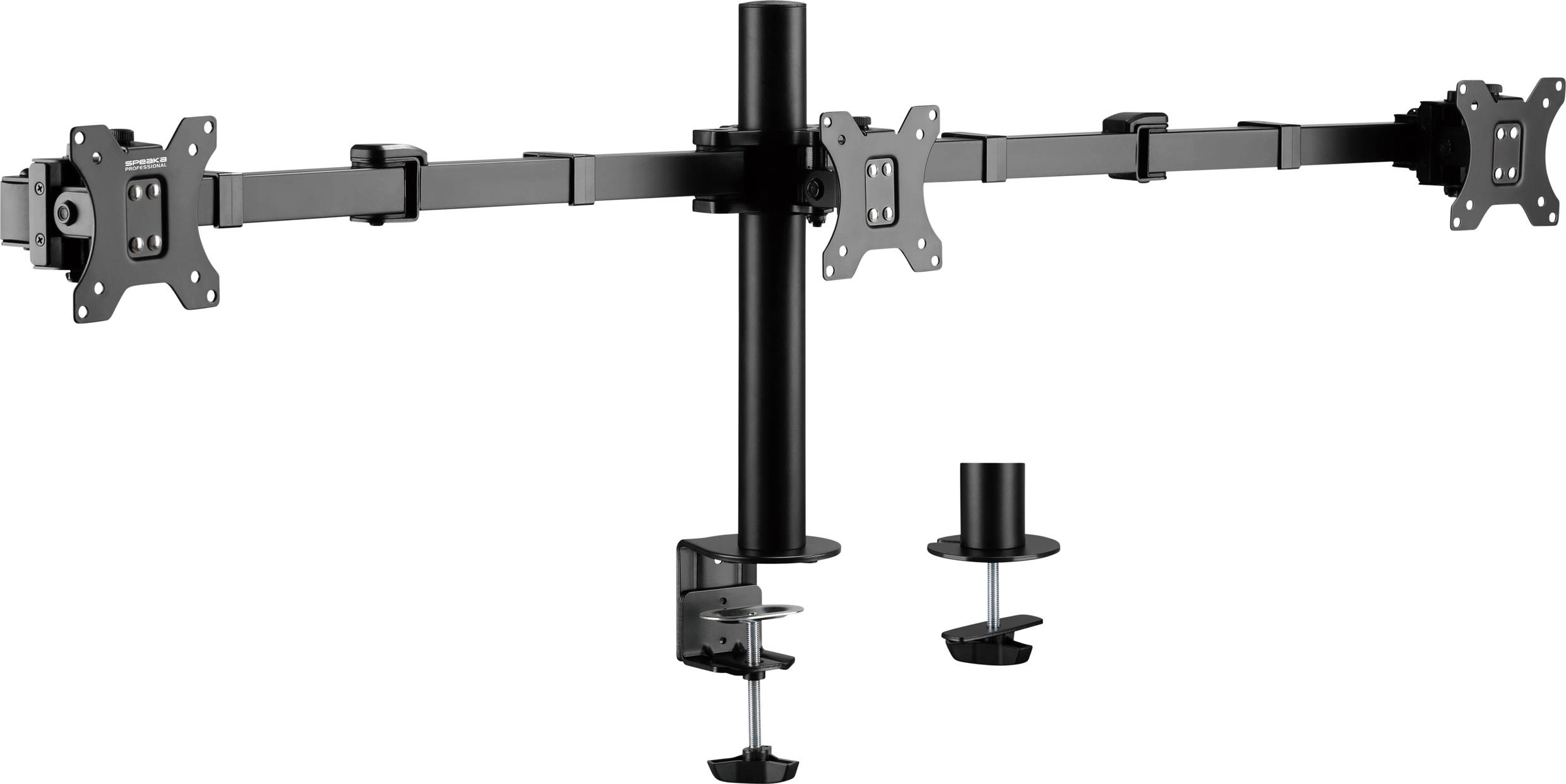 Dreifache Monitorhalterung mit verstellbaren Armen und Tischklemmen, geeignet für die gleichzeitige Aufnahme von drei Bildschirmen.