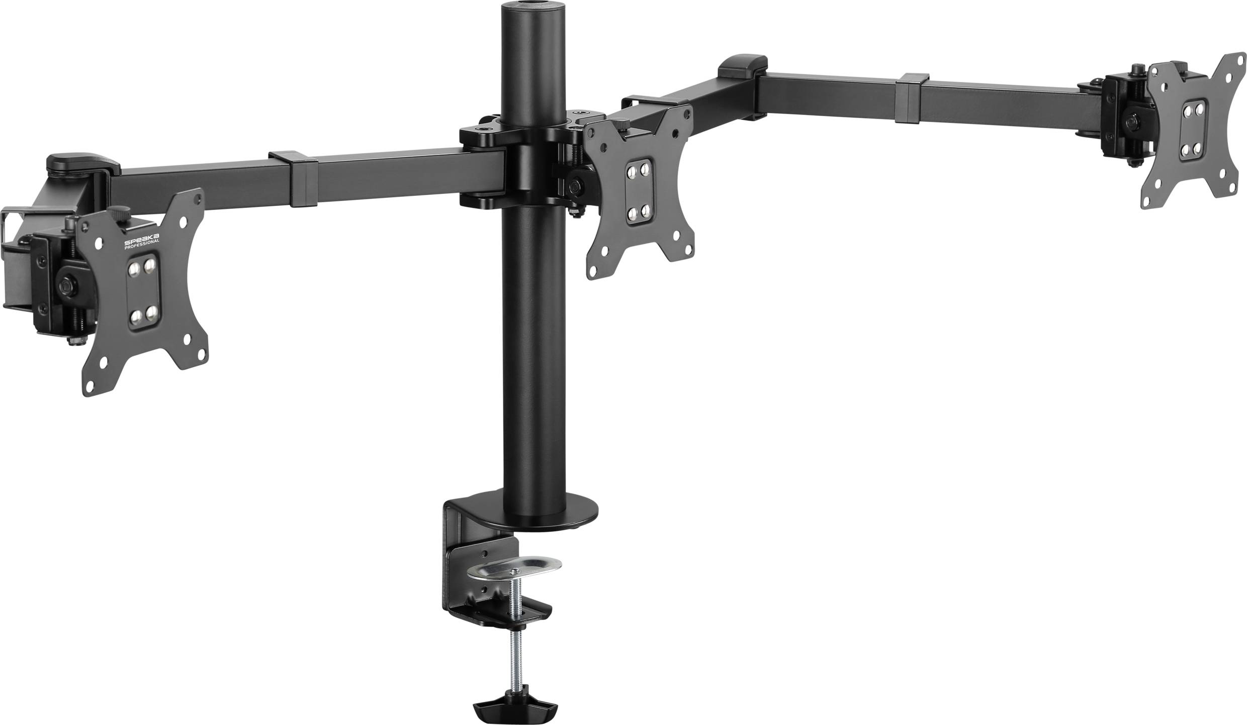 Ein schwarzer Monitorständer mit zwei verstellbaren Armen, die an einem zentralen Rohr befestigt sind, zur Befestigung an einem Schreibtisch.