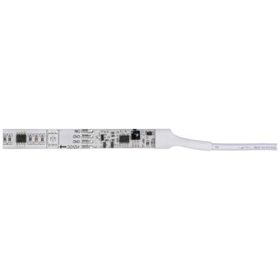 LED-Streifen mit elektronischen Komponenten und Anschlüssen, zeigt detaillierte Schaltkreise und integrierte Chips.
