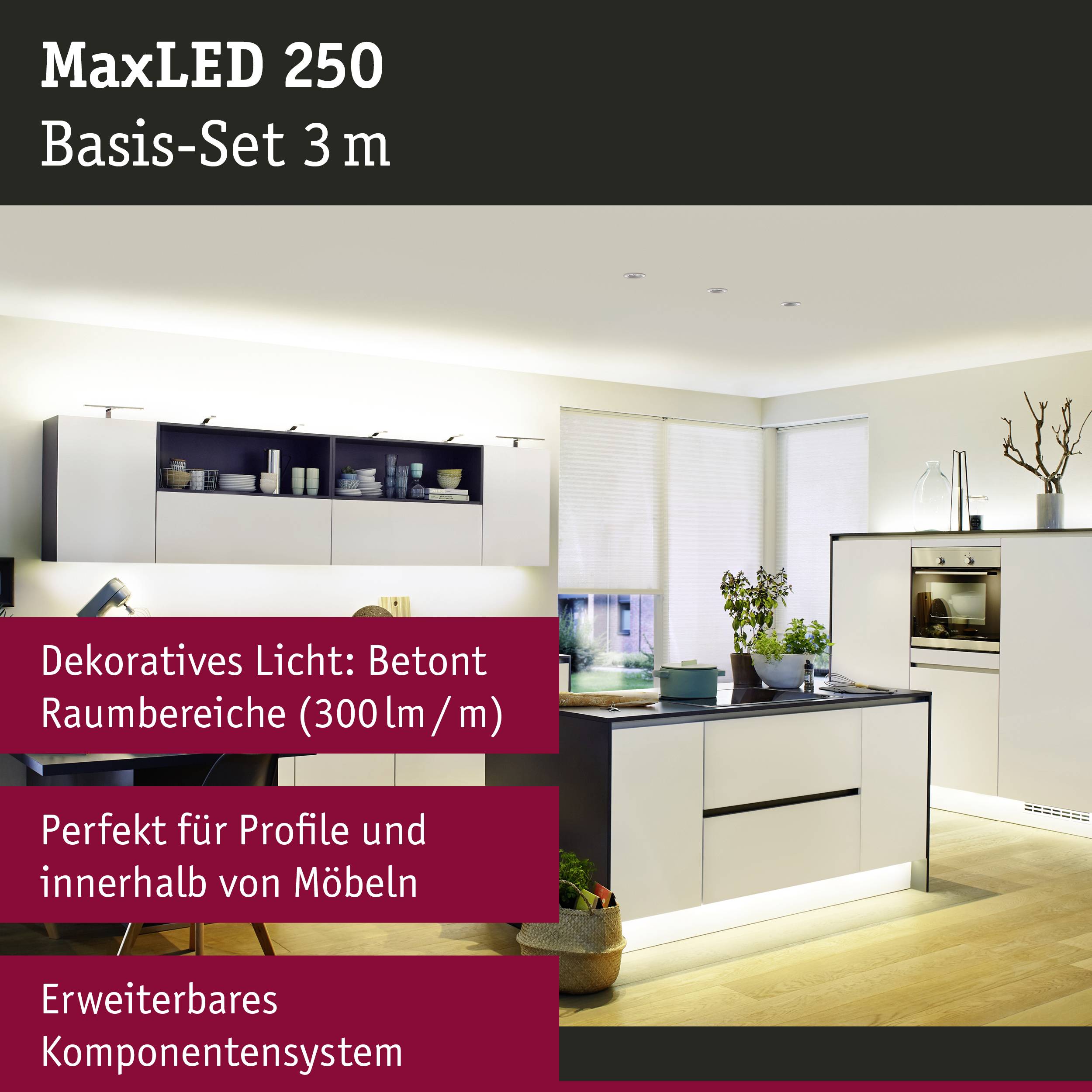 'MaxLED 250 Basis-Set 3 m' in weißem Text auf rotem Hintergrund. Bild zeigt moderne Küche mit LED-Beleuchtung über Schränken und Insel.