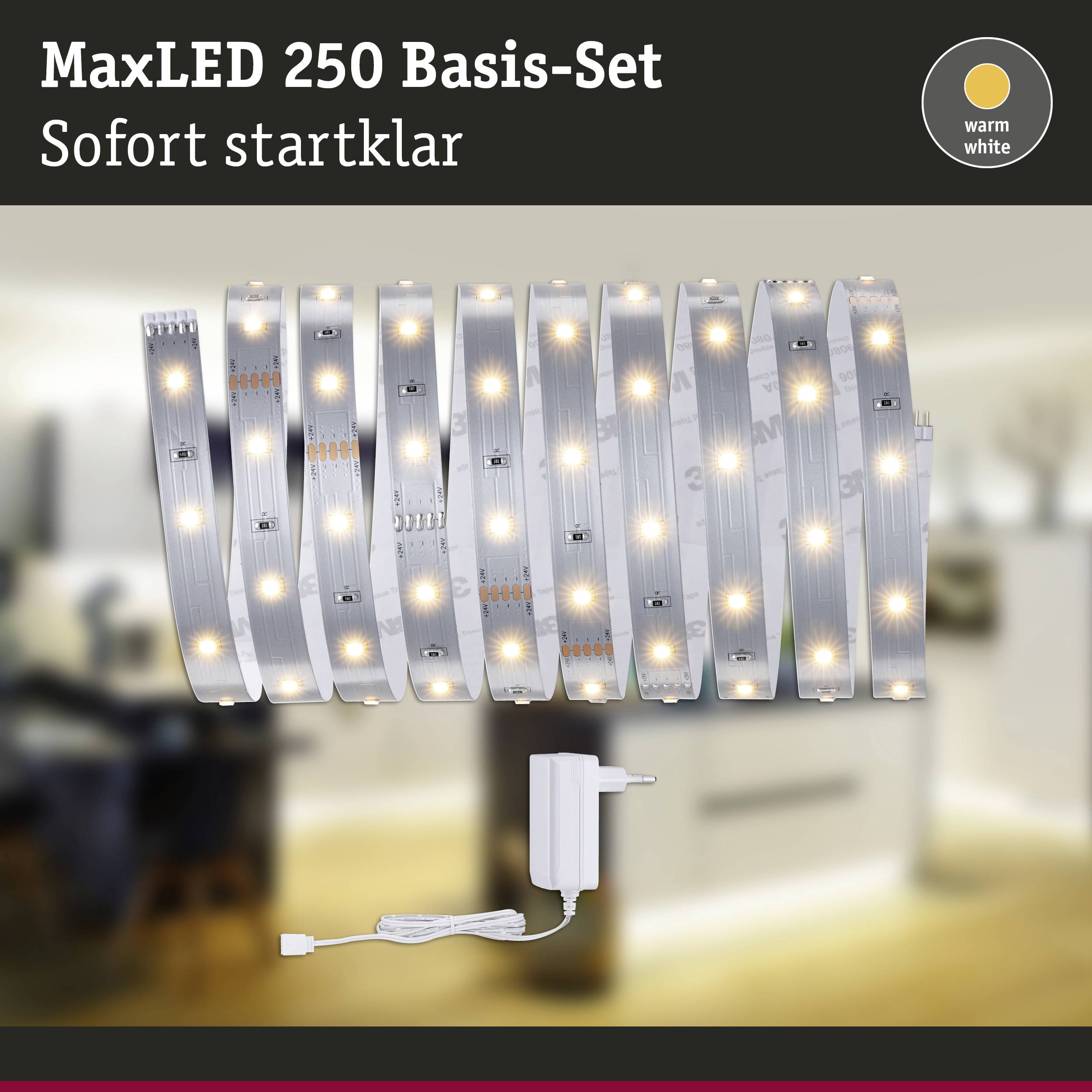 'MaxLED 250 Basis-Set: LED-Streifen in warmweiß mit Netzteil, sofort startklar. Perfekt für stimmungsvolle Beleuchtung.'