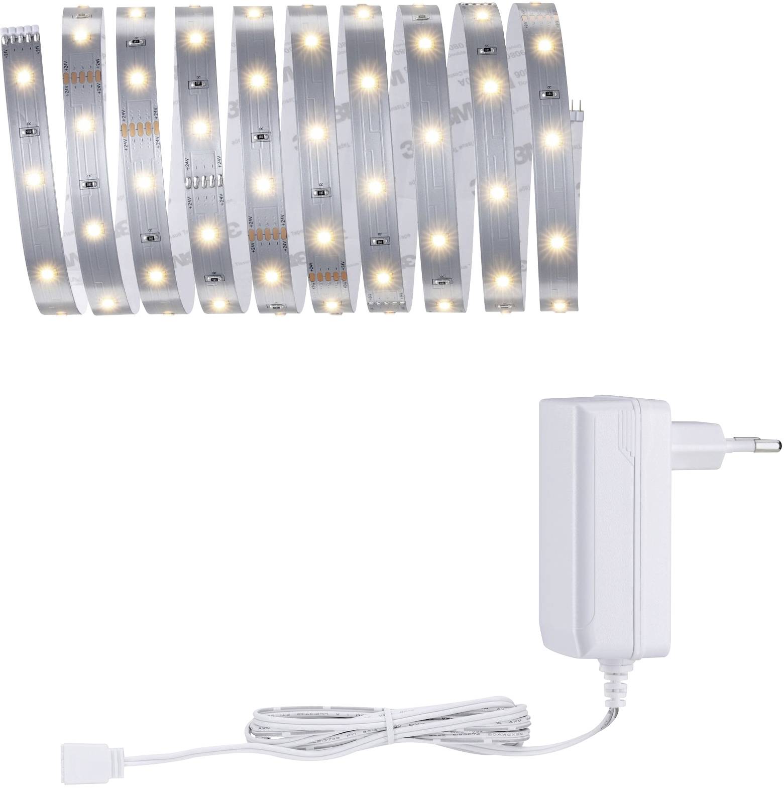 LED-Lichtstreifen mit warmweißem Licht und Netzadapter, geeignet für stimmungsvolle Beleuchtung in Innenräumen.