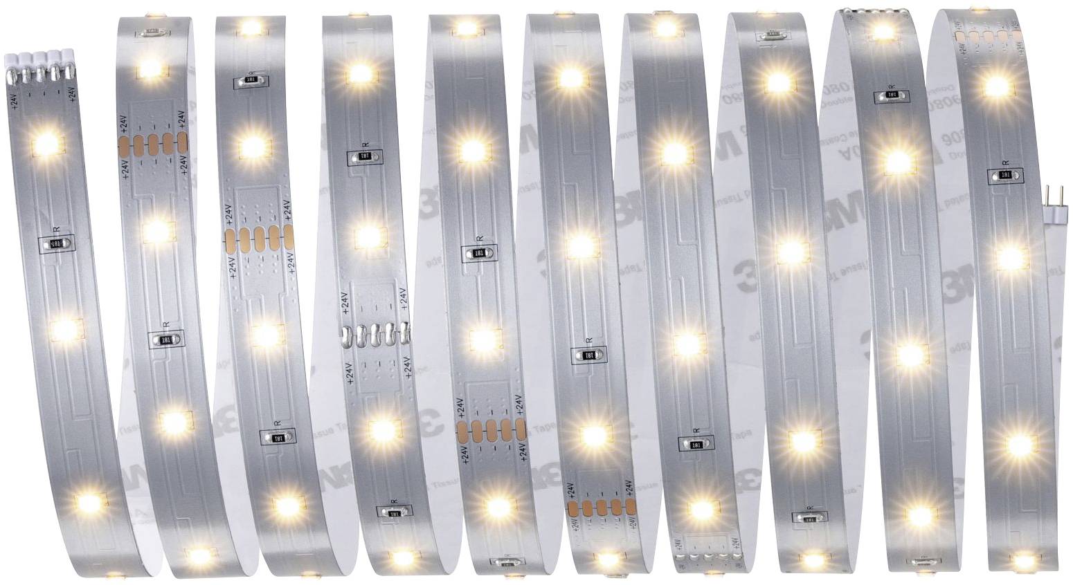 Mehrere LED-Lichtstreifen nebeneinander, leuchten mit warmweißem Licht, auf einer reflektierenden Oberfläche.