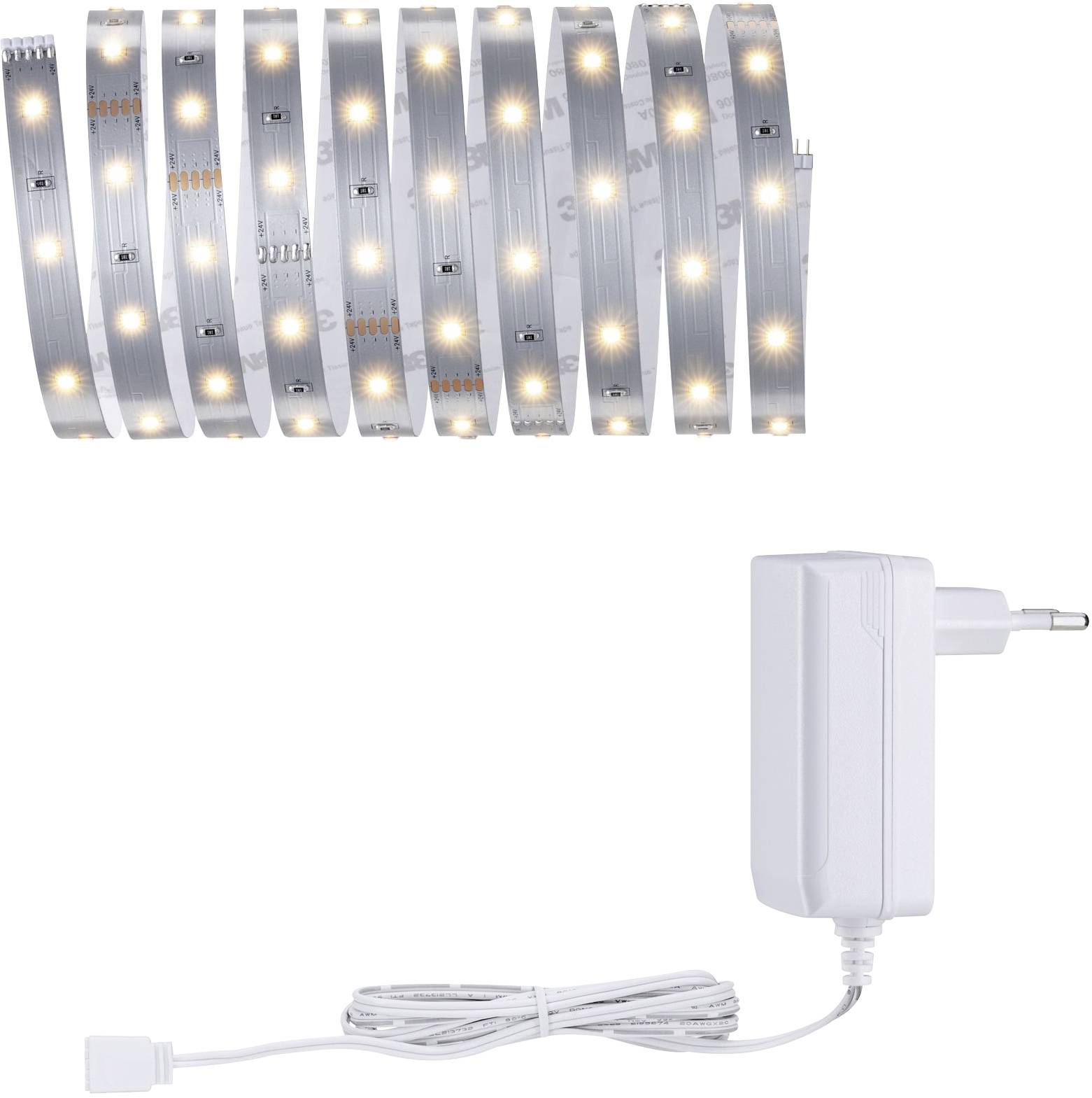 Weißer LED-Lichtstreifen mit warmweißen Leuchtpunkten, darunter ein passendes weißes Netzteil mit Kabel zur Stromversorgung.
