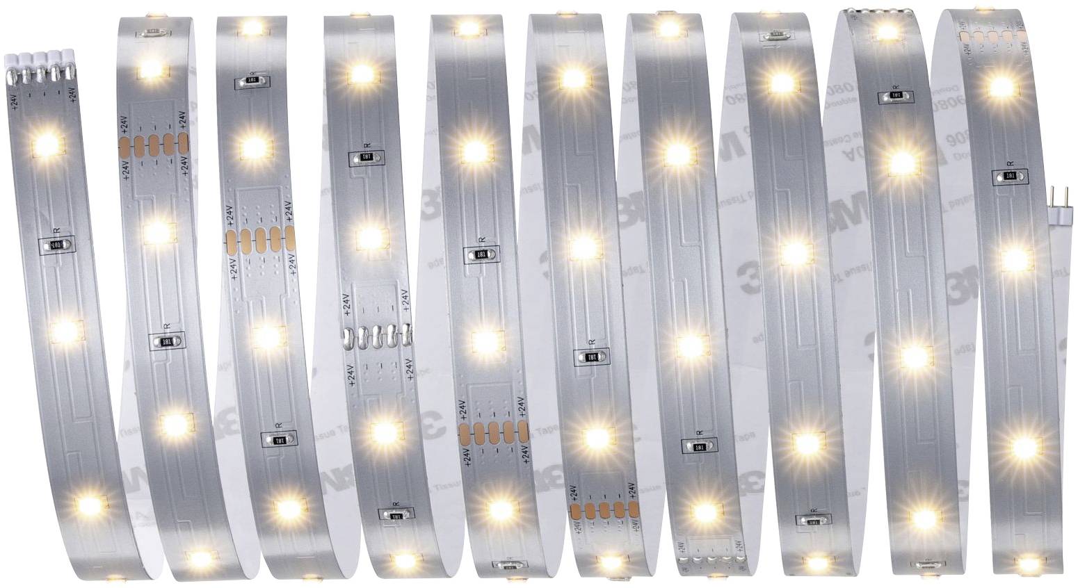 Zehn leuchtende LED-Streifen sind vertikal nebeneinander angeordnet. Sie strahlen ein warmweißes Licht aus.