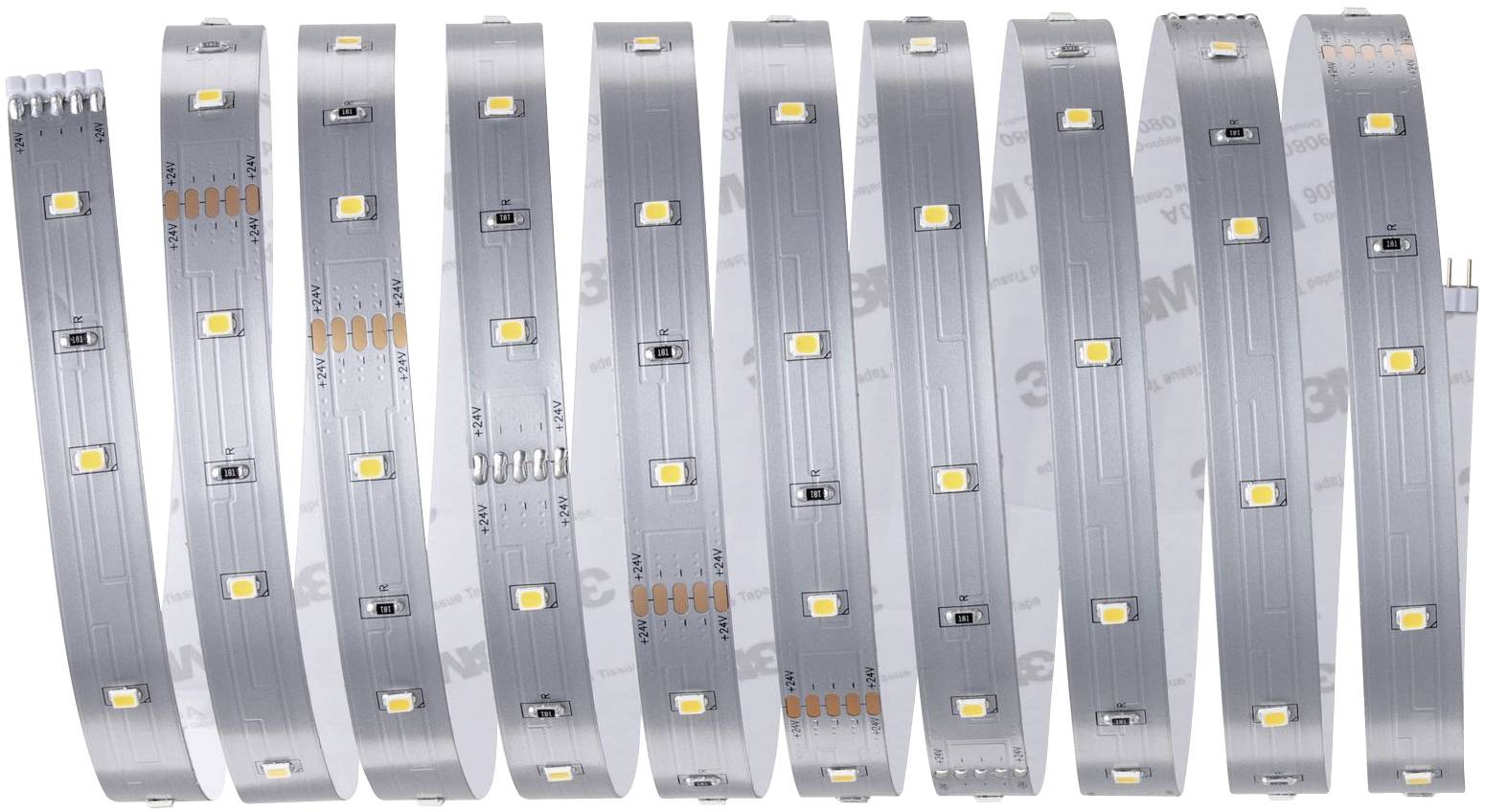 Ein LED-Streifen mit integrierten leuchtenden Dioden in regelmäßigen Abständen auf einer flexiblen Trägeroberfläche.
