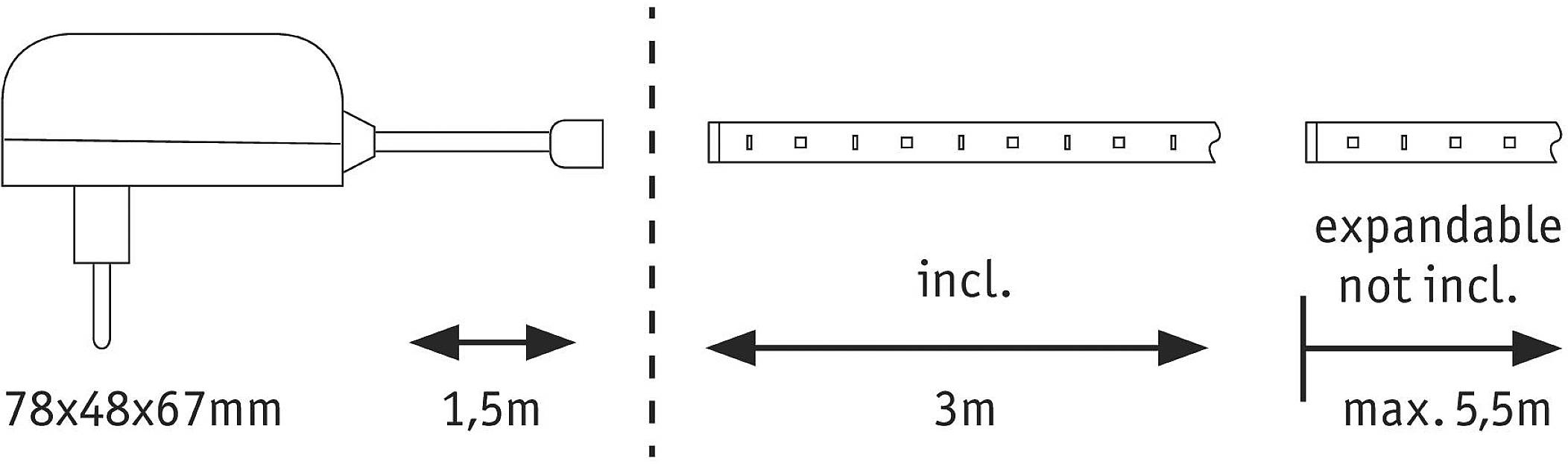 Zeichnung eines elektrischen Geräts mit Maßen 78x48x67 mm und Kabel von 1,5 m Länge. Inklusive 3 m erweiterbar bis 5,5 m nicht inklusive.