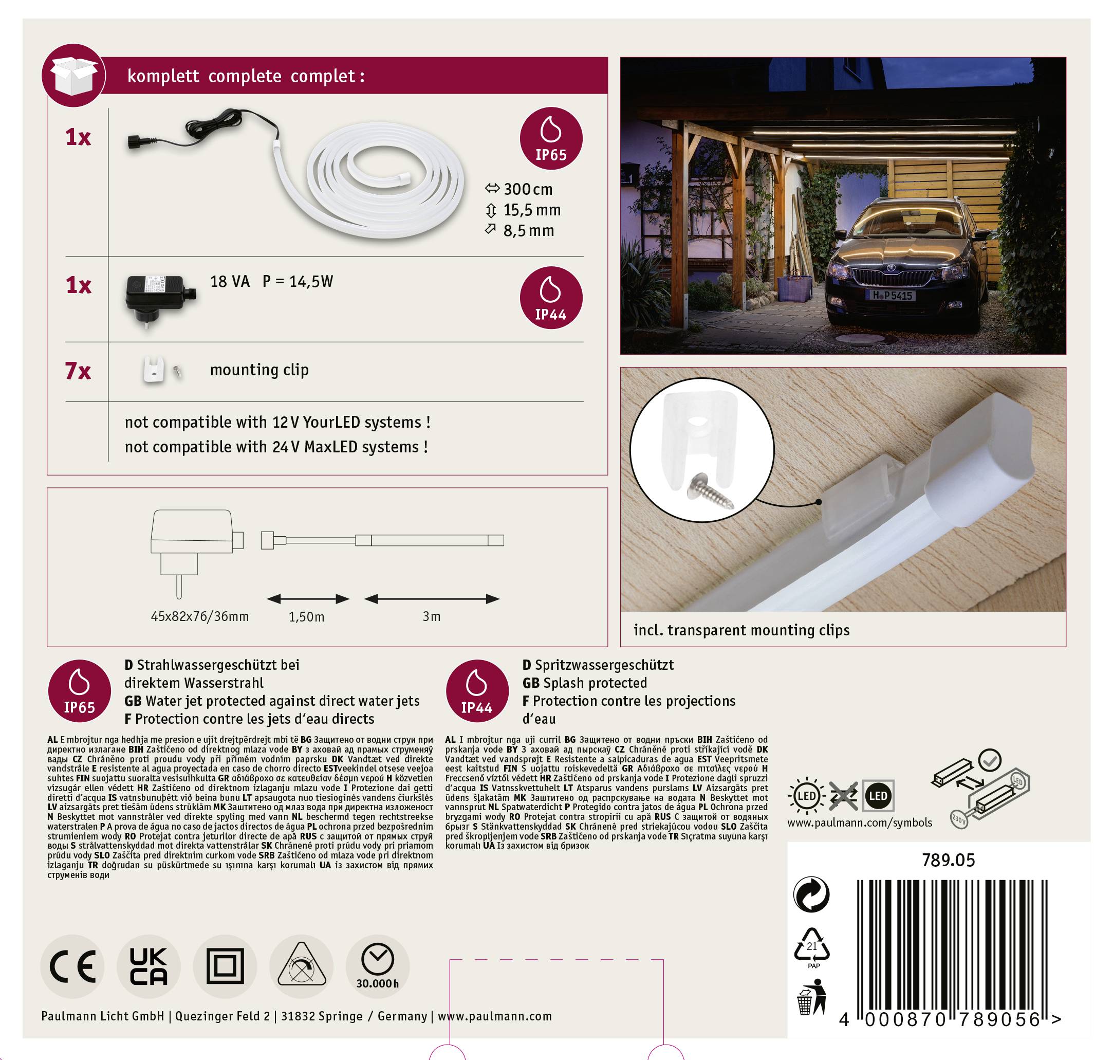 'Straßenbeleuchtung Set: Komplett mit Netzteil, LED-Streifen (3 m, 60 LEDs/m), 7 Montageclips. Nicht kompatibel mit 24V-Systemen.'
