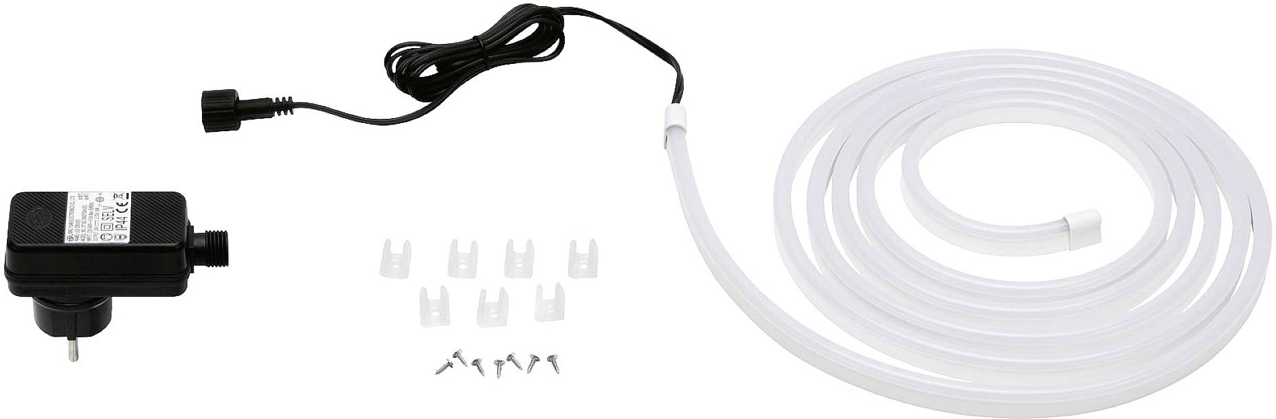 Elektrische Pumpe mit Netzkabel, Schlauch und Befestigungsklammern, zur Bewässerung oder Flüssigkeitsförderung geeignet.