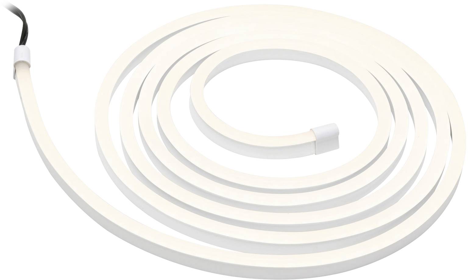 Eine weiße LED-Lichtleiste liegt spiralig aufgerollt. Sie strahlt ein gleichmäßiges, mildes Licht aus und hat ein schwarzes Kabel am Ende.