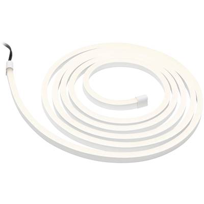 Eine weiße LED-Lichtleiste liegt spiralig aufgerollt. Sie strahlt ein gleichmäßiges, mildes Licht aus und hat ein schwarzes Kabel am Ende.