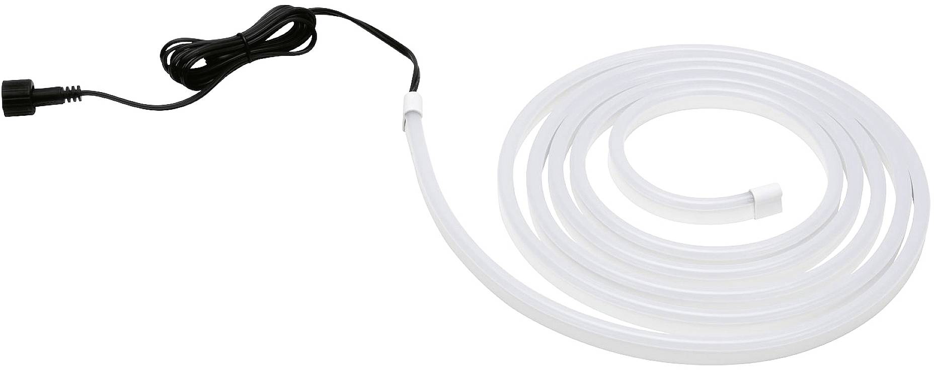 Ein aufgerolltes weißes LED-Lichtband mit einem schwarzen Kabel und Stecker auf der linken Seite.