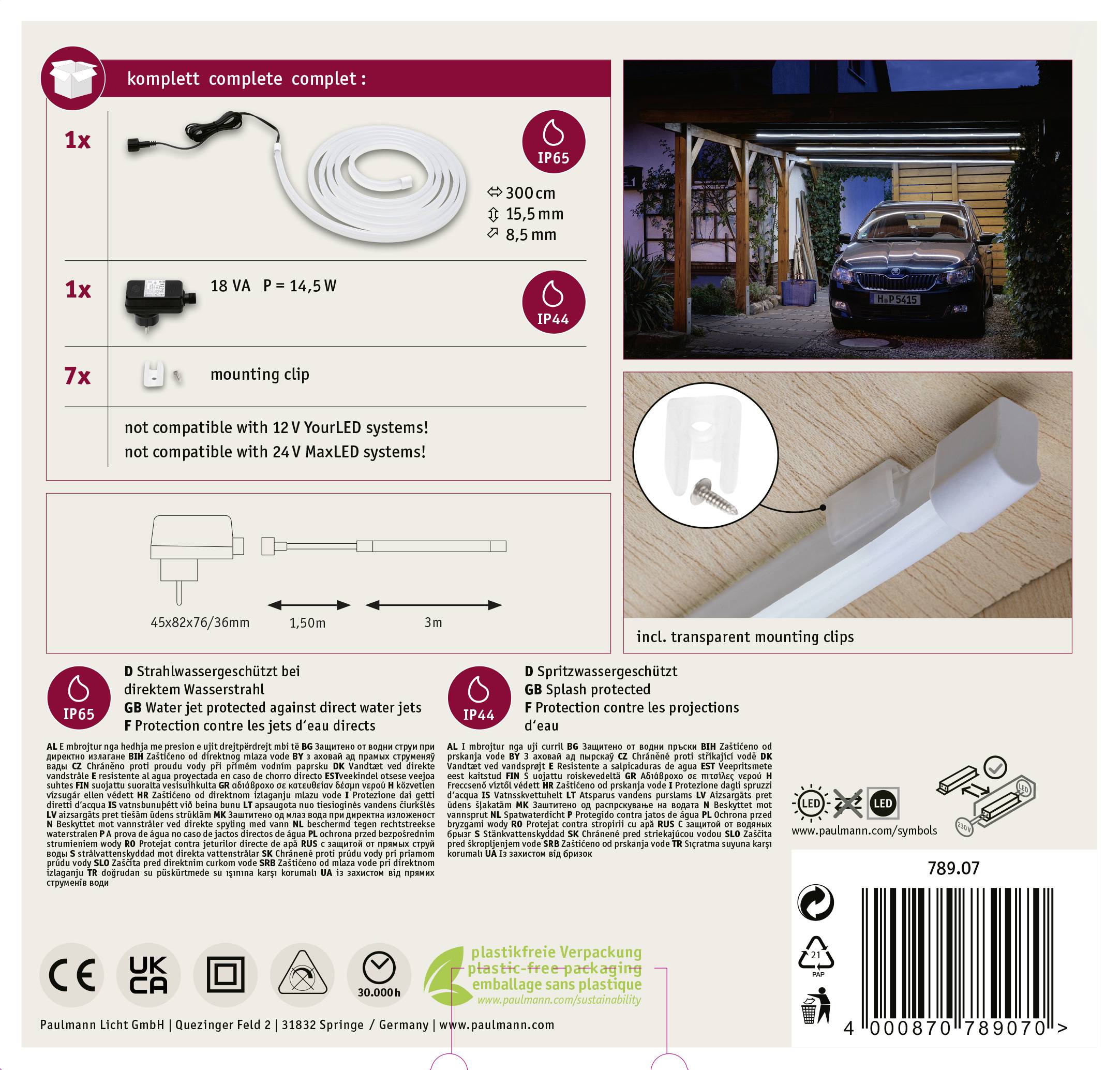 Set aus LED-Leuchtband und Zubehör für Außenbereich, IP65, inkl. 18V-Netzteil, Montageklammern, nicht kompatibel mit YourLED-Systemen.