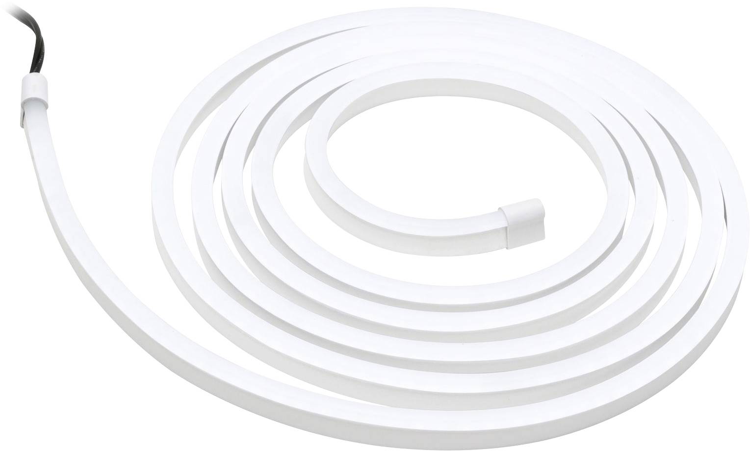 Weiße, spiralförmige Neonlichtleiste mit schwarzem Kabel. Sie liegt flach auf einer Oberfläche.