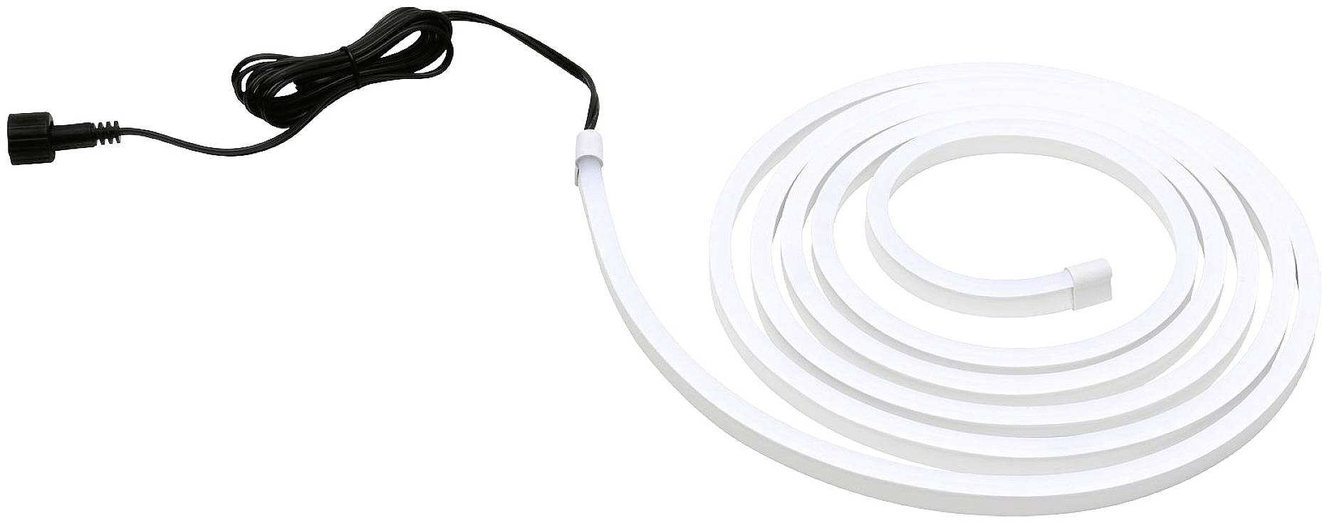Ein zusammengerollter LED-Leuchtstreifen mit schwarzem Kabel, einsatzbereit für Beleuchtungszwecke.