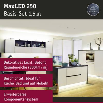 'MaxLED 250, Basis-Set 1,5 m. Dekoratives Licht betont Raumbereiche (300 lm/m). Geeignet für Küche, Bad und auf Möbeln.'