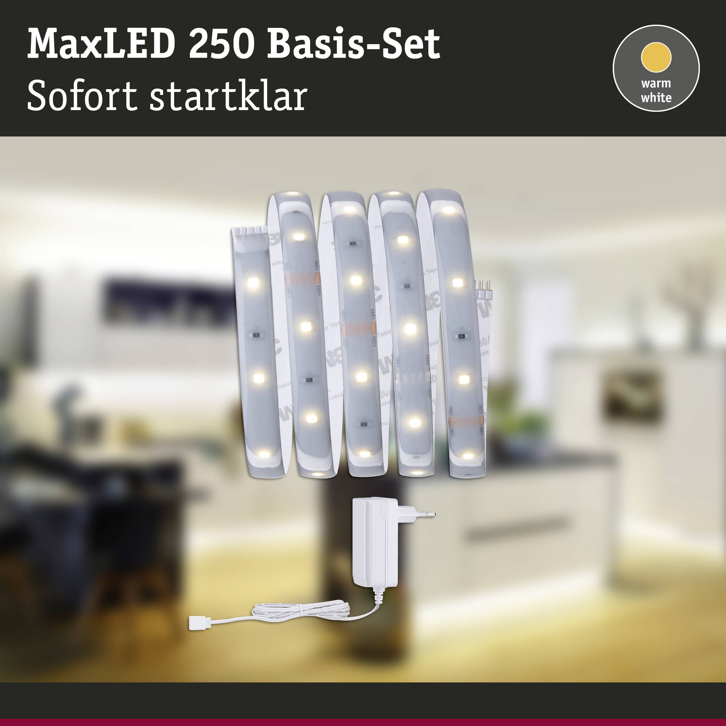 MaxLED 250 Basis-Set, bestehend aus sechs LED-Lichtleisten und einem Adapter, ideal für warmweiße Beleuchtung im Innenbereich.