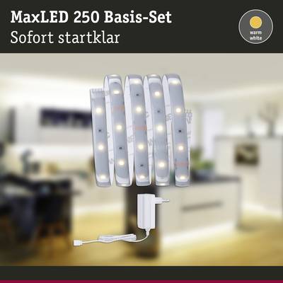 MaxLED 250 Basis-Set, bestehend aus sechs LED-Lichtleisten und einem Adapter, ideal für warmweiße Beleuchtung im Innenbereich.