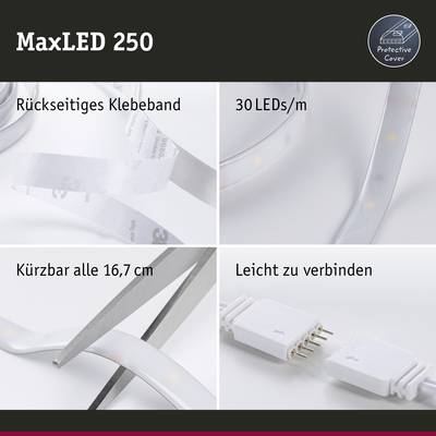 MaxLED 250: LED-Streifen mit rückseitigem Klebeband, 30 LEDs/m, kürzbar alle 16,7 cm, und leicht zu verbinden.