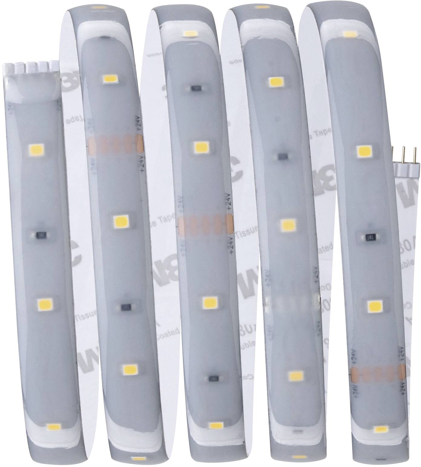 Fünf LED-Lichtstreifen in einer Schleifenform. Jeder Streifen zeigt mehrere gleichmäßig verteilte gelbe Lichter auf grauem Hintergrund.