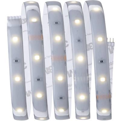 Fünf parallele LED-Lichtstreifen, die gleichmäßig leuchten; Hintergrund zeigt ein Markenzeichen.