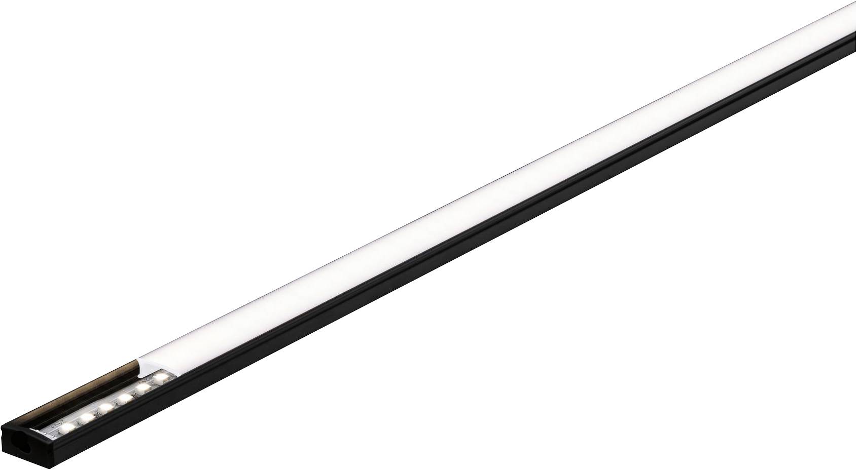 Schlanke, schwarze LED-Lichtleiste mit mehreren kleinen LEDs, geeignet für Unterbau- oder Akzentbeleuchtung.