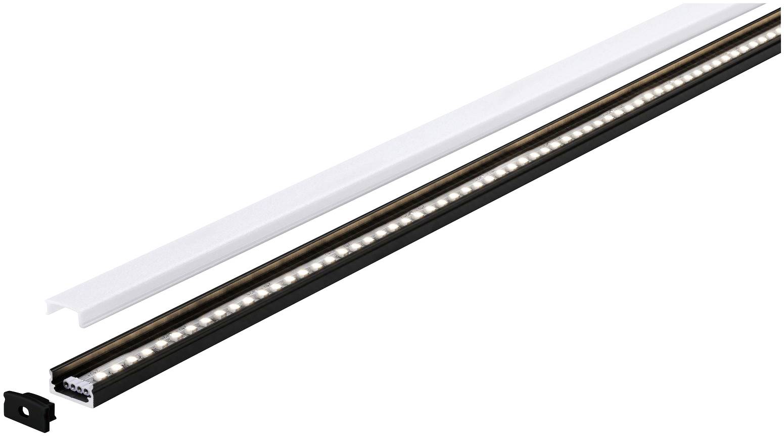 Schwarze LED-Lichtleiste mit weißen Abdeckungselementen, verwendet für indirekte Beleuchtung.
