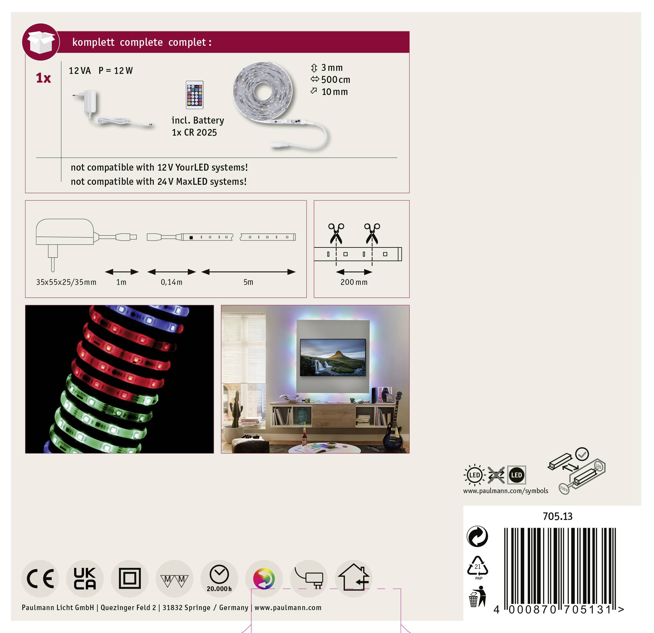 Beleuchtungspaket mit LED-Streifen, Batterie, Abmessungen und Warnhinweis zur Systemkompatibilität. Wohnzimmer mit LED-Ambiente.