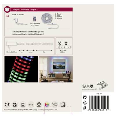 Beleuchtungspaket mit LED-Streifen, Batterie, Abmessungen und Warnhinweis zur Systemkompatibilität. Wohnzimmer mit LED-Ambiente.