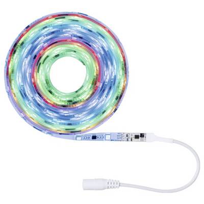 Bunt beleuchteter LED-Streifen, aufgerollt, mit Anschlusskabel. Ideal für dekorative Raumbeleuchtung.