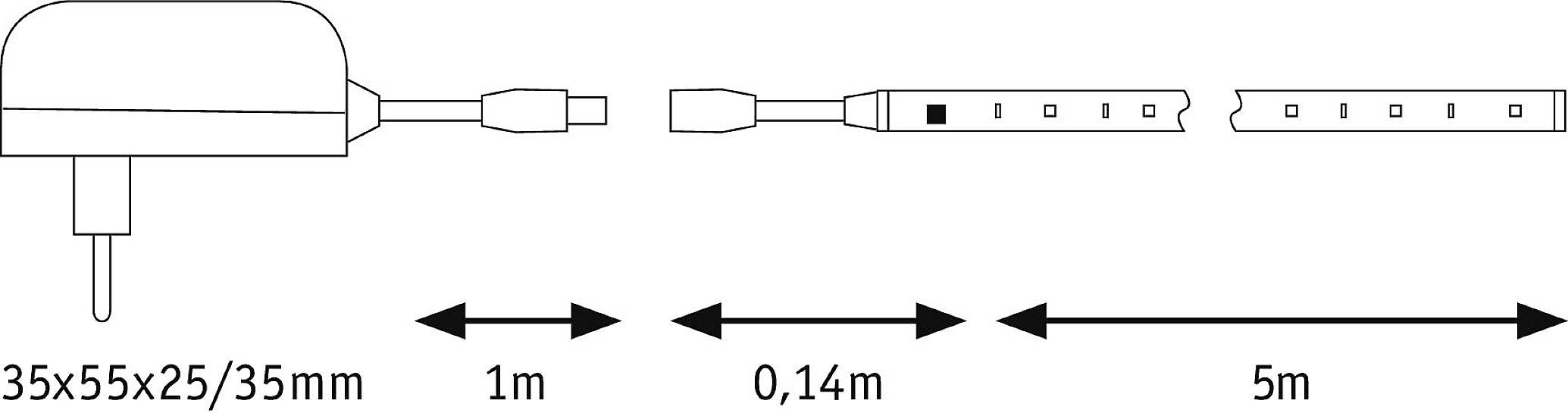 'Abmessungen einer elektronischen Komponente: 35x55x25/35 mm. Kabel: 1 m, 0,14 m, 5 m.'