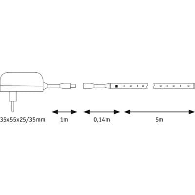 'Abmessungen einer elektronischen Komponente: 35x55x25/35 mm. Kabel: 1 m, 0,14 m, 5 m.'