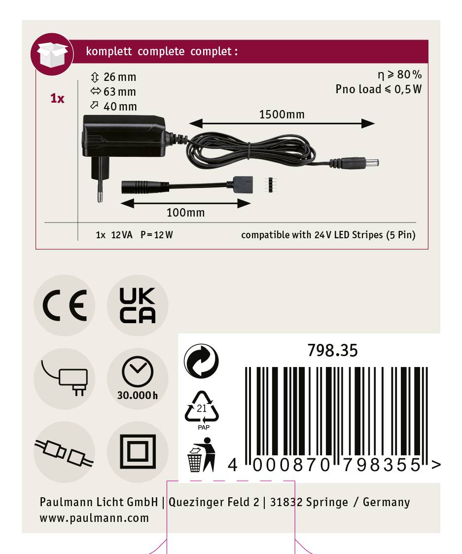 'LED-Transformator, 12V, 12W, 1500mm Kabel, kompatibel mit 24V LED-Streifen (5 Pin). Maße: 26x63x40mm. Effizienz ≥ 80%. Pno unter 0,5W.'