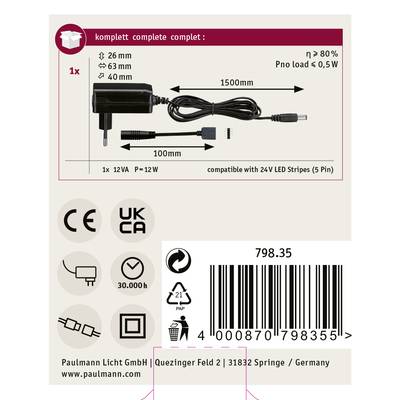 'LED-Transformator, 12V, 12W, 1500mm Kabel, kompatibel mit 24V LED-Streifen (5 Pin). Maße: 26x63x40mm. Effizienz ≥ 80%. Pno unter 0,5W.'