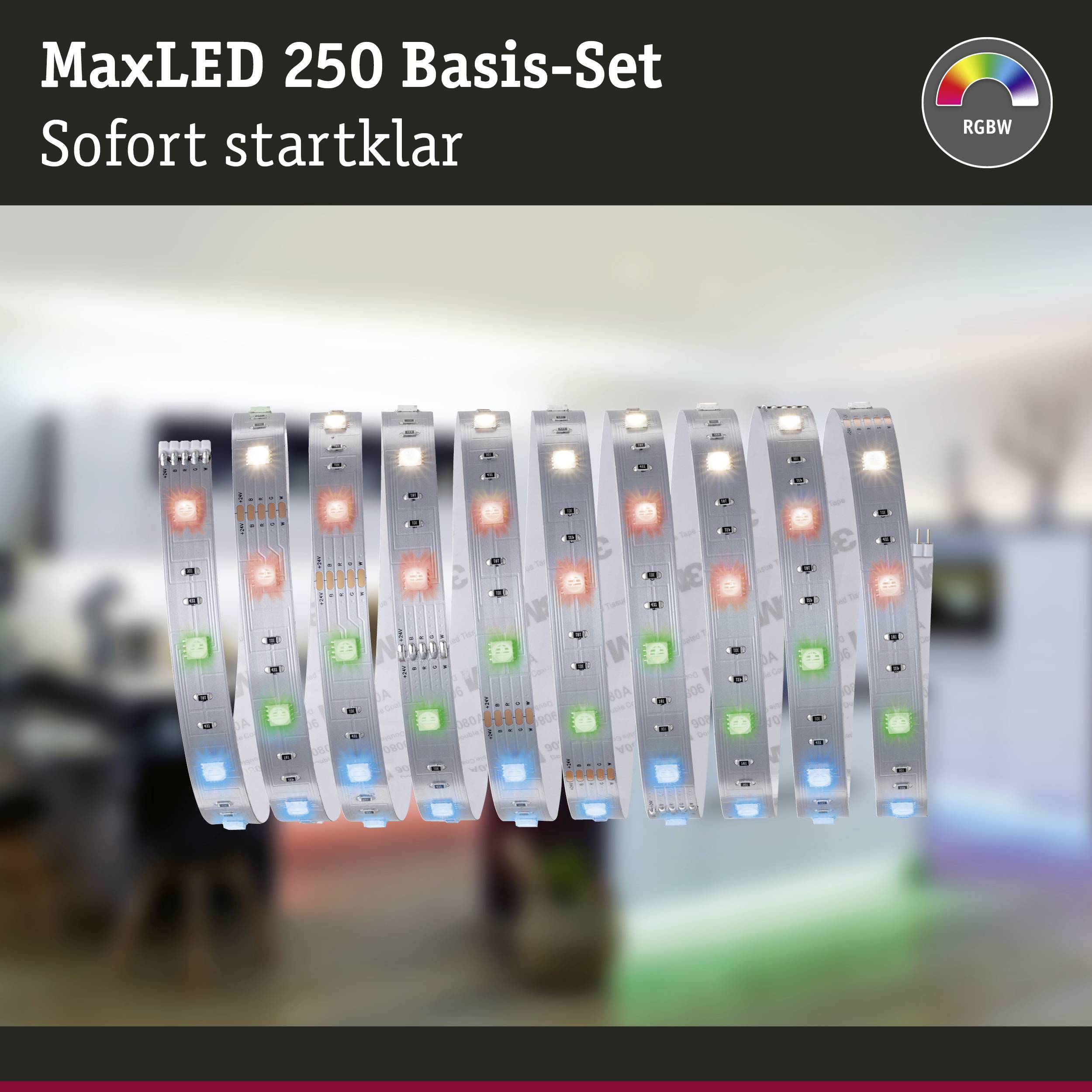 Ein bunt leuchtender LED-Streifen in einem Raum. Text oben: 'MaxLED 250 Basis-Set Sofort startklar'.
