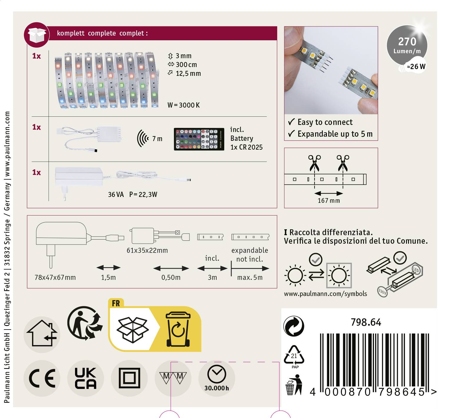 'LED-Lichtband-Set 3m mit Fernbedienung. Warmweiß, erweiterbar bis 5m. Inkl. Netzteil und Batterie. Lumen: 270, Leistung: 26W.'