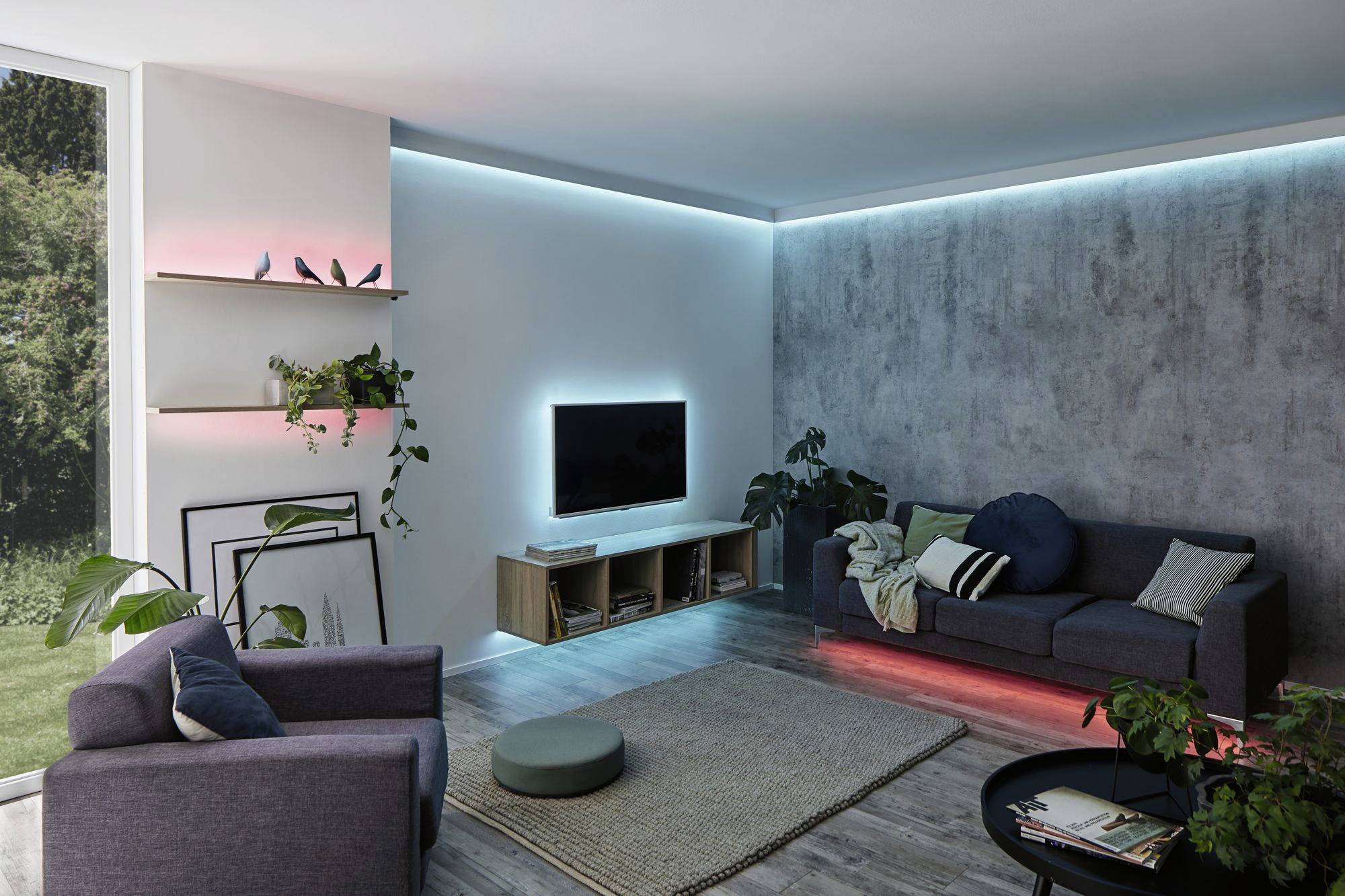 Wohnzimmer mit modernem Design, LED-Lichtleisten in Blau und Rot beleuchten Regale und Fernseher. Graue Sofas, Pflanzen, großes Fenster.