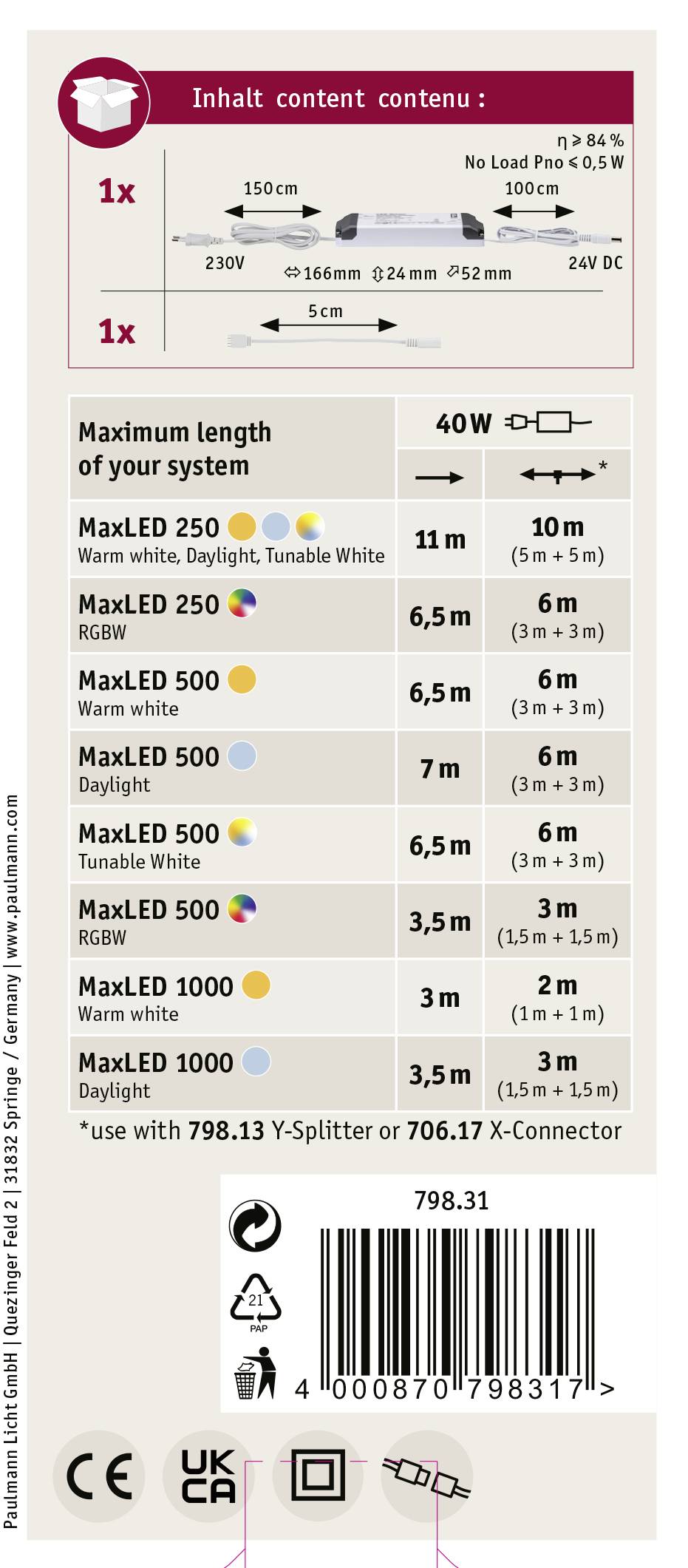 'Produktverpackung für MaxLED. Enthält Kompatibilitätsinformationen, technische Daten für verschiedene LED-Modelle und Betriebsreichweite.'