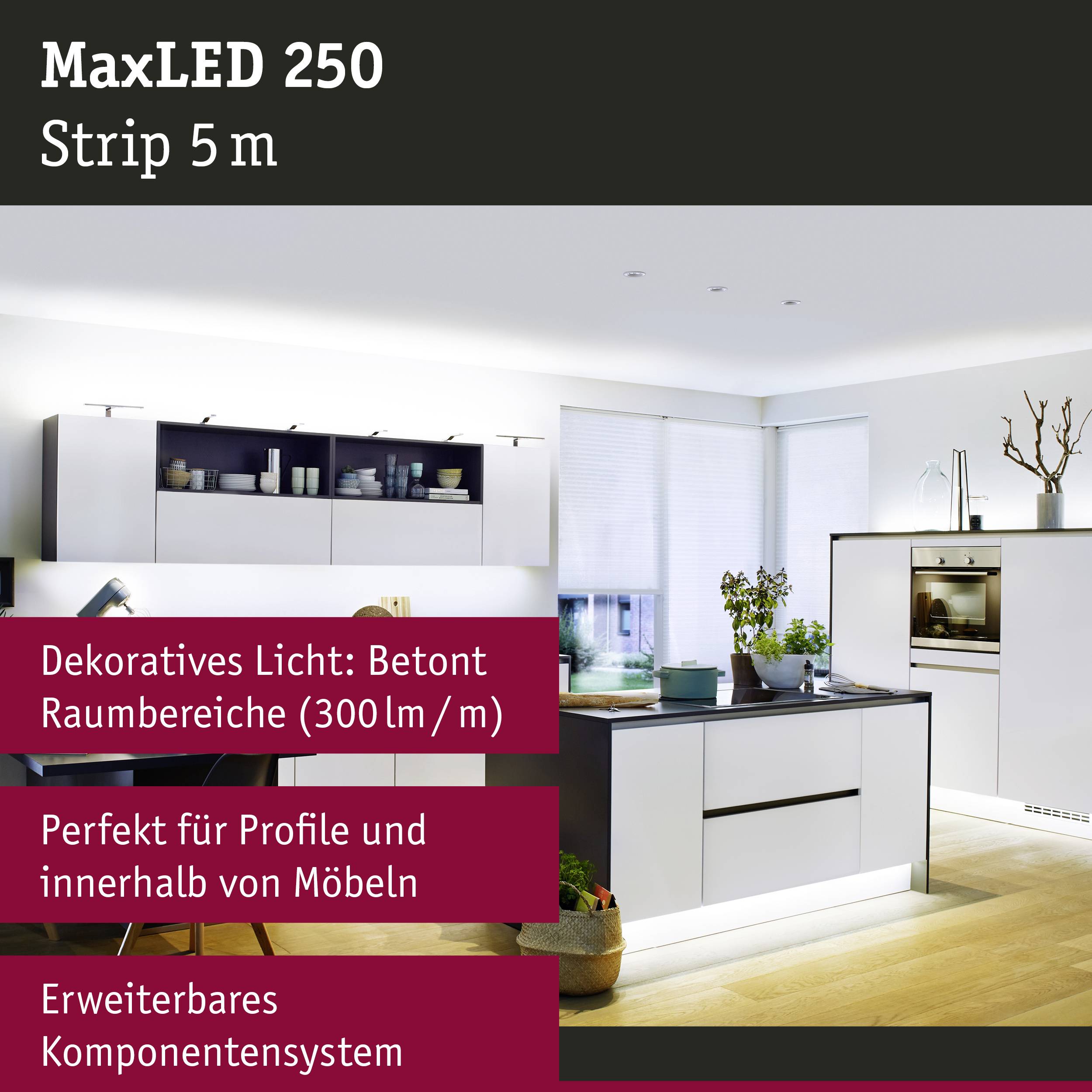 'MaxLED 250 Strip 5m' LED-Lichtsystem in Küche. Highlightet Möbelbereiche und bietet erweiterbares Komponentensystem, 300 lm/m.