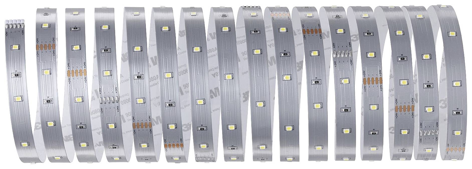 Mehrere Rollen LED-Streifen mit gelben LEDs und weißen Hintergrund, symmetrisch angeordnet.