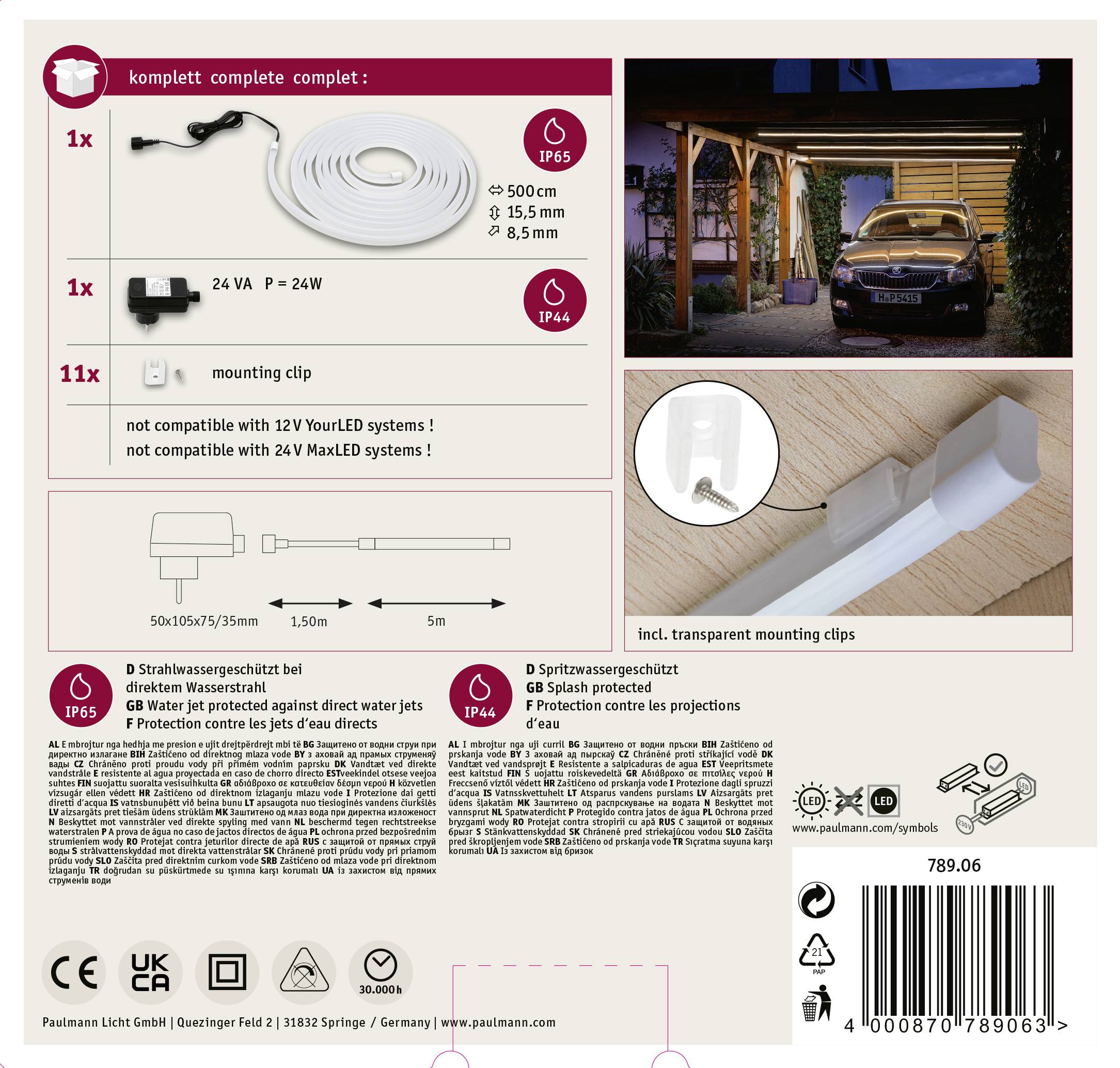 'Starterset LED Strips Outdoor IP65' mit Zubehör, inkl. 11 Montage-Clips. Set eignet sich nicht für 'YourLED'-Systeme. 24V, P=24W. Beleuchtet Carport in Foto.