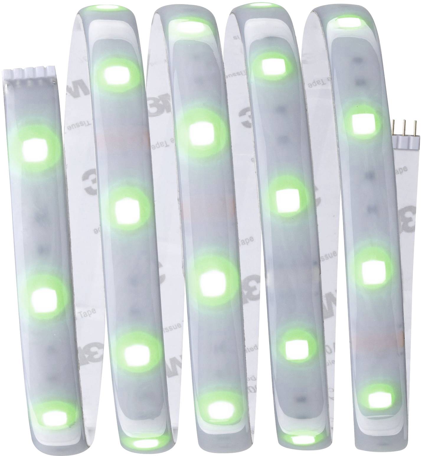 Flexibler LED-Streifen mit grün leuchtenden LEDs in regelmäßigen Abständen auf einer transparenten Trägerfolie.