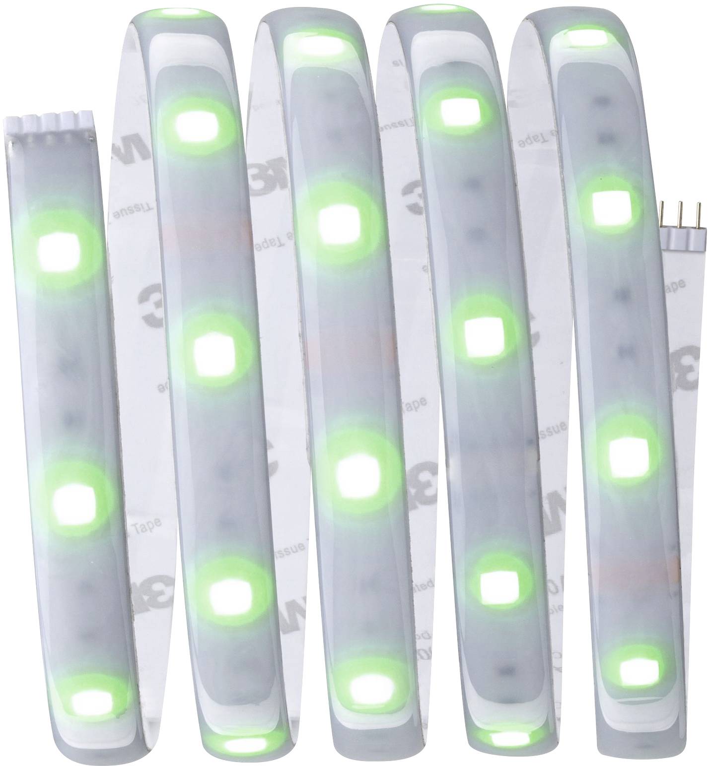 LED-Lichtstreifen mit leuchtenden, grünen Dioden in einer gewundenen Form, auf hellem Hintergrund. Ideal zur dekorativen Beleuchtung.