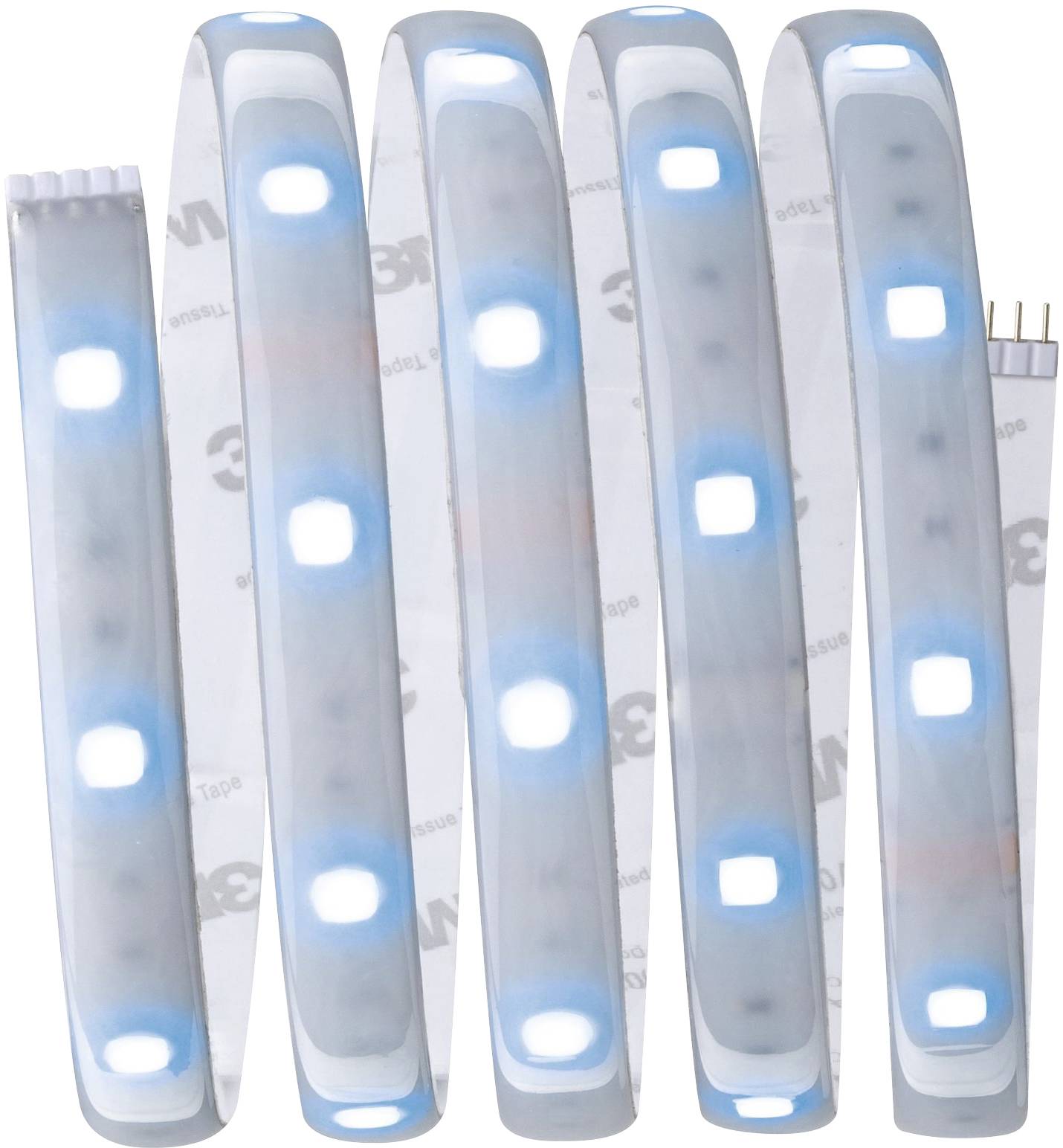 Eine spiralförmige LED-Lichtleiste mit blauen und weißen Lichtern auf hell-transparentem Band, aufgerollt für kompakte Darstellung.