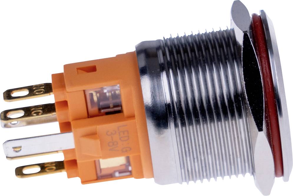 Ein orangefarbener, runder LED-Druckschalter mit drei Metallanschlüssen und einem silbernen Gewindegehäuse.
