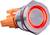 Ein runder Metallknopf mit roter LED-Beleuchtung und orangefarbenem Anschluss zeigt den eingeschalteten Zustand an.