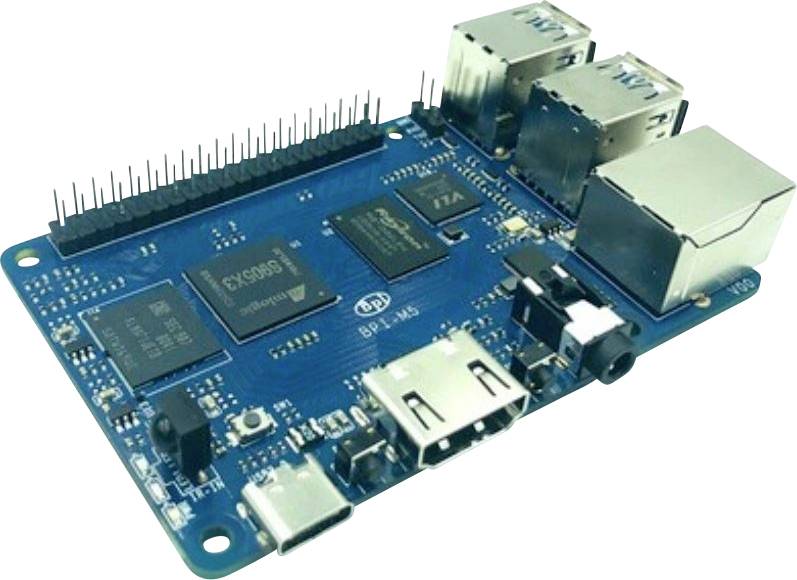 Ein Einplatinencomputer mit mehreren Anschlüssen und Schnittstellen auf einer blauen Platine, einschließlich USB-Ports und GPIO-Stiften.