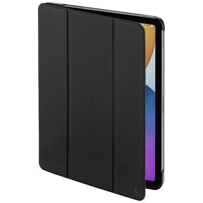 Schwarzes Tablet in einer aufrechten Hülle, teilweise geöffnet, zeigt bunte Bildschirmhintergründe.