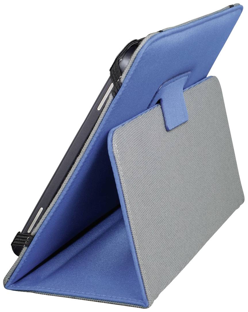Ein blaues Tablet-Etui ist aufgeklappt und dient als Ständer. Es zeigt, wie das Gerät aufrecht gehalten wird.